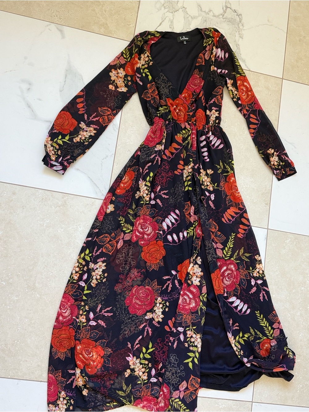 Lulu's Black Floral Wrap Maxi Dress with Red & Pink Blooms